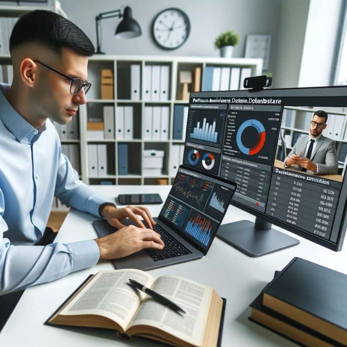 carauntukcom_DALL·E 2023-10-22 12.37.38 - Photo_ A Database Administrator in a modern office setting, reviewing performance metrics on a laptop, with database-related books on the desk, and co