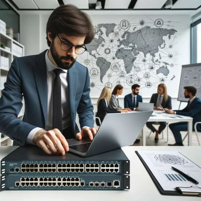 carauntukcom_DALL·E 2023-10-22 12.46.06 - Photo_ A Network Engineer in a modern corporate environment, working on configuring a switch, with a laptop displaying network diagrams. In the backgr