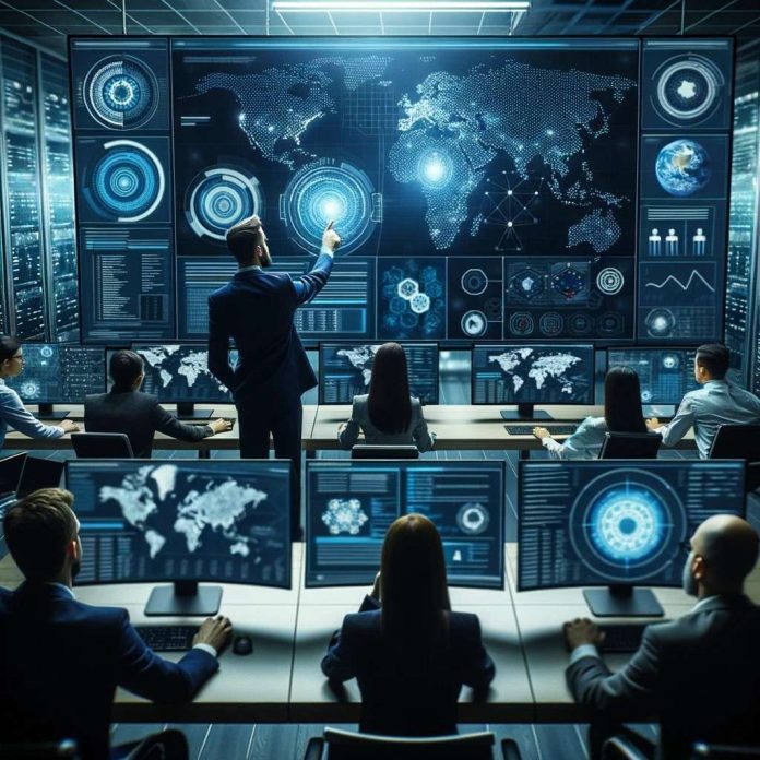 carauntukcom_DALL·E 2023-10-22 12.53.16 - Photo_ A Security Engineer in a modern cybersecurity operations center, analyzing threat intelligence on a large screen, with colleagues working colla