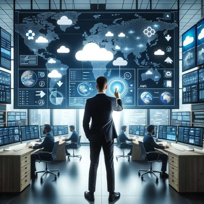 carauntukcom_DALL·E 2023-10-22 13.32.44 - Photo_ A Cloud Engineer in a modern office setting, surrounded by screens displaying various cloud platforms like AWS, Azure, and Google Cloud. They'r