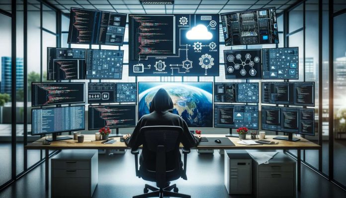 carauntukcom_DALL·E 2023-10-22 13.37.31 - Photo of a DevOps Engineer in a modern office setting, surrounded by multiple monitors displaying code, CI_CD pipelines, and cloud infrastructure diag