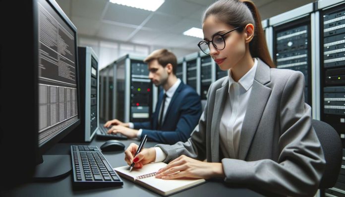carauntukcom_DALL·E 2023-10-22 13.44.21 - Photo of a professional IT Auditor at work, examining a system's security setup on a computer while taking notes. The auditor is a diverse female with