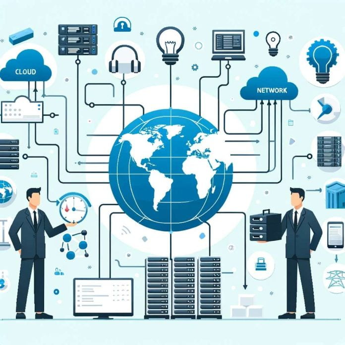 carauntukcom_DALL·E 2023-10-22 13.49.15 - Vector diagram showing a SysAdmin at one end with server icons and a Systems Architect at the other with various IT infrastructure components like clo