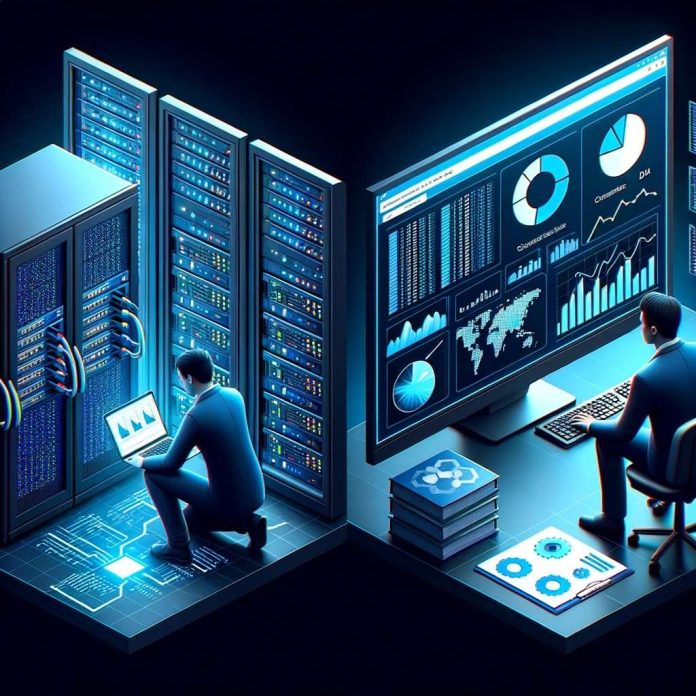 carauntukcom_DALL·E 2023-10-22 13.52.27 - render of a split screen. On the left, a SysAdmin is troubleshooting a server. On the right, a BI Analyst is working on a data visualization tool, ana