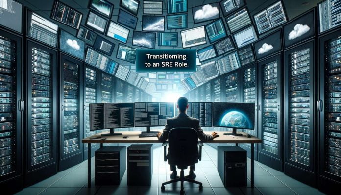 carauntukcom_DALL·E 2023-10-22 13.57.14 - photo of a SysAdmin at their desk, surrounded by multiple computer monitors, looking up information on transitioning to an SRE role