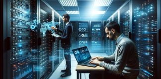 Learning Path untuk Menjadi Data Engineer carauntukcom_DALL·E 2023-10-22 14.00.18 - photo of a SysAdmin in a server room transitioning to a Data Engineer working on a laptop with data visualizations on the screen