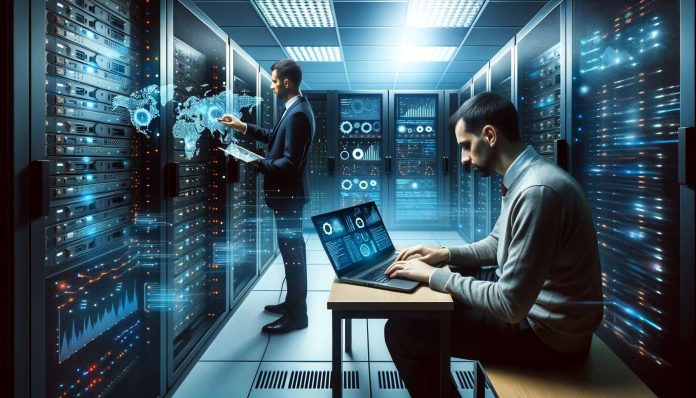carauntukcom_DALL·E 2023-10-22 14.00.18 - photo of a SysAdmin in a server room transitioning to a Data Engineer working on a laptop with data visualizations on the screen