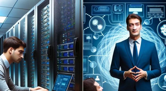 Learning Path untuk Menjadi IT Consultant compressed_DALL·E 2023-10-22 08.28.36 - Photo_ A SysAdmin working in a server room with stacks of servers behind him, engrossed in his work. On the other side of the image, an IT Consultant