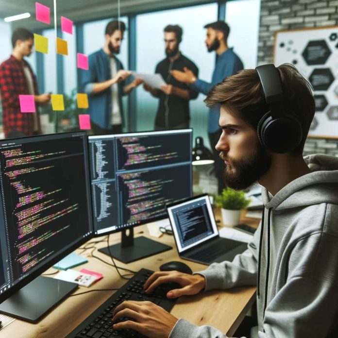 compressed_DALL·E 2023-10-22 08.44.49 - Photo_ A Software Engineer, wearing headphones, deeply focused on coding, with multiple screens displaying code. In the background, there's a team col